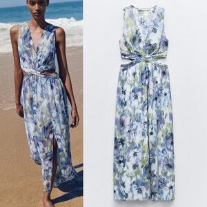 Zara Floral Midi Dress in Blue and Green